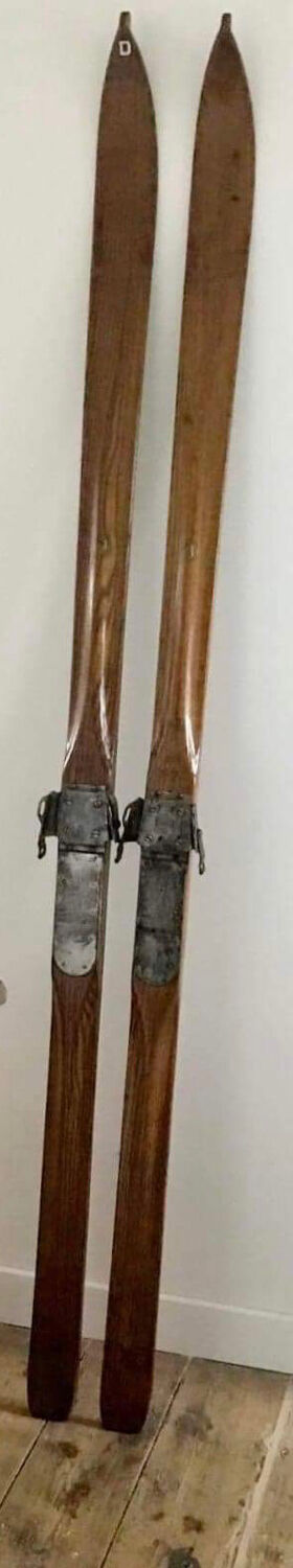 Pair of vintage Telemarking wooden skis, retro decoration