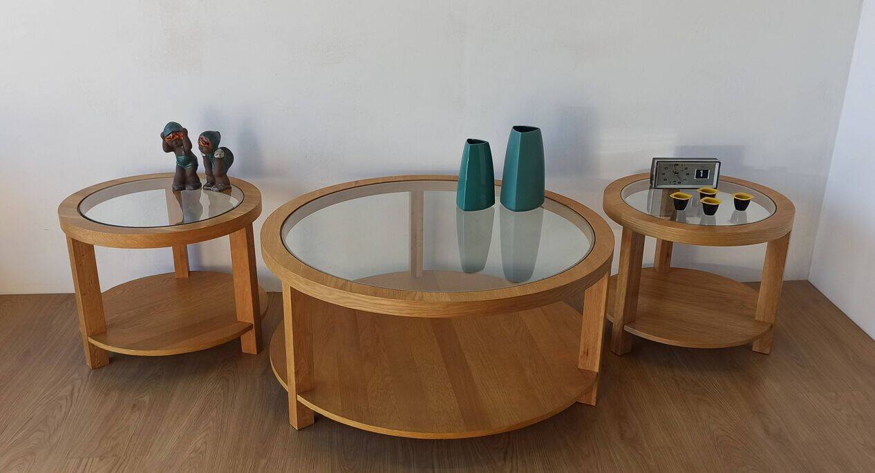 Round Tables with Glass Tops, Set of 3.