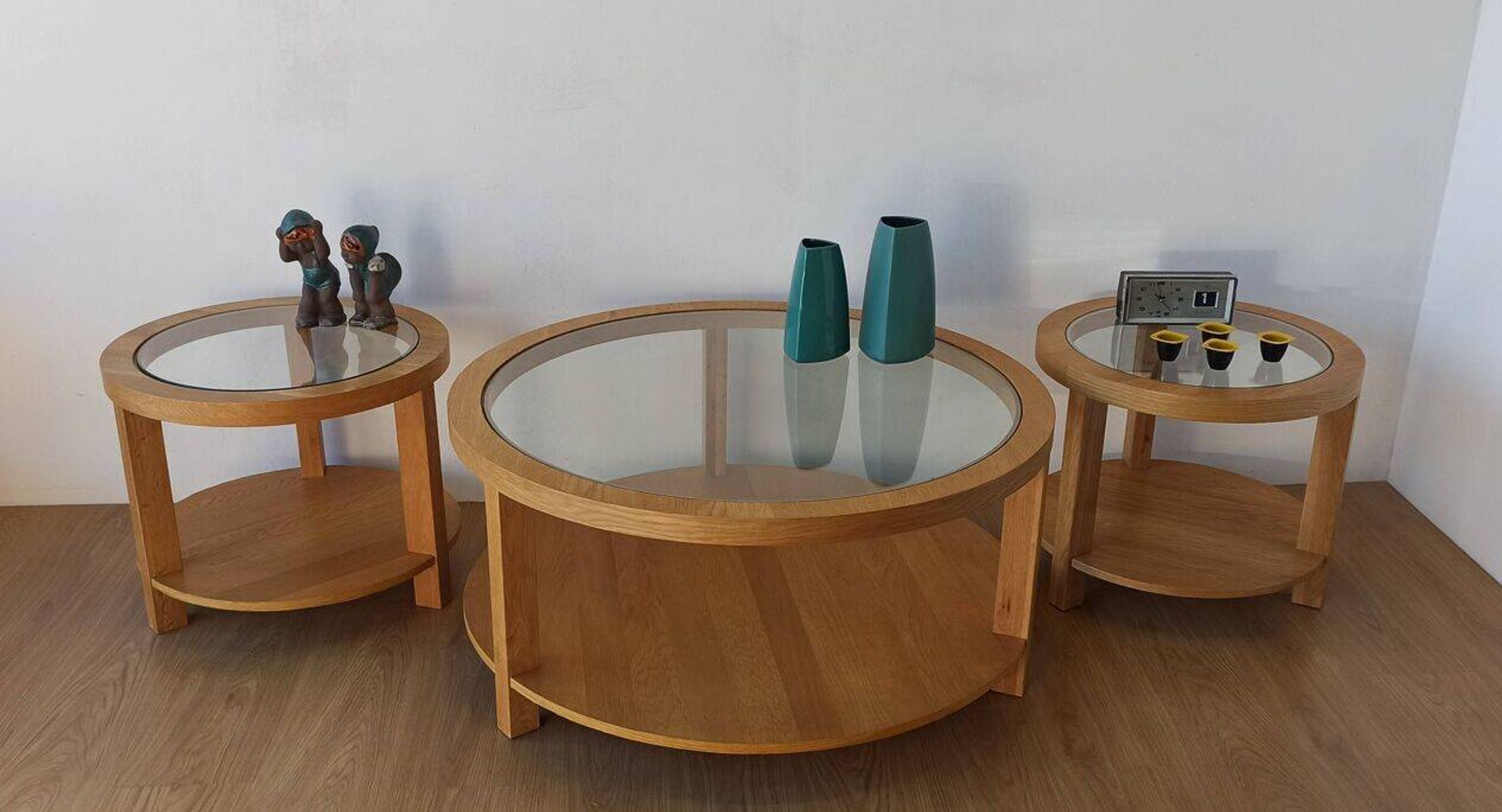 Round Tables with Glass Tops, Set of 3.