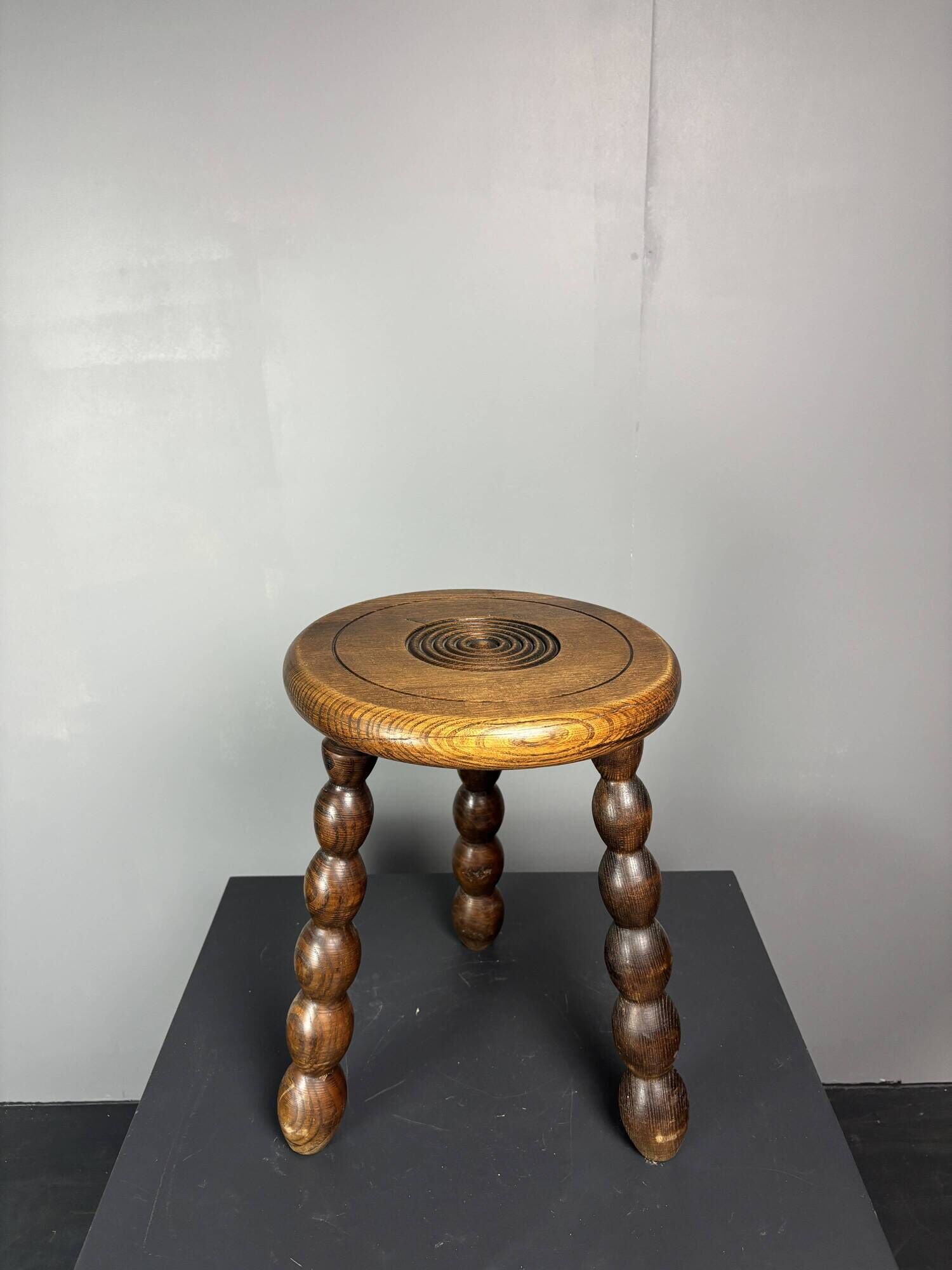 Midcentury bobbin wood turned stool, Charles Dudouyt style, France, 1950s
