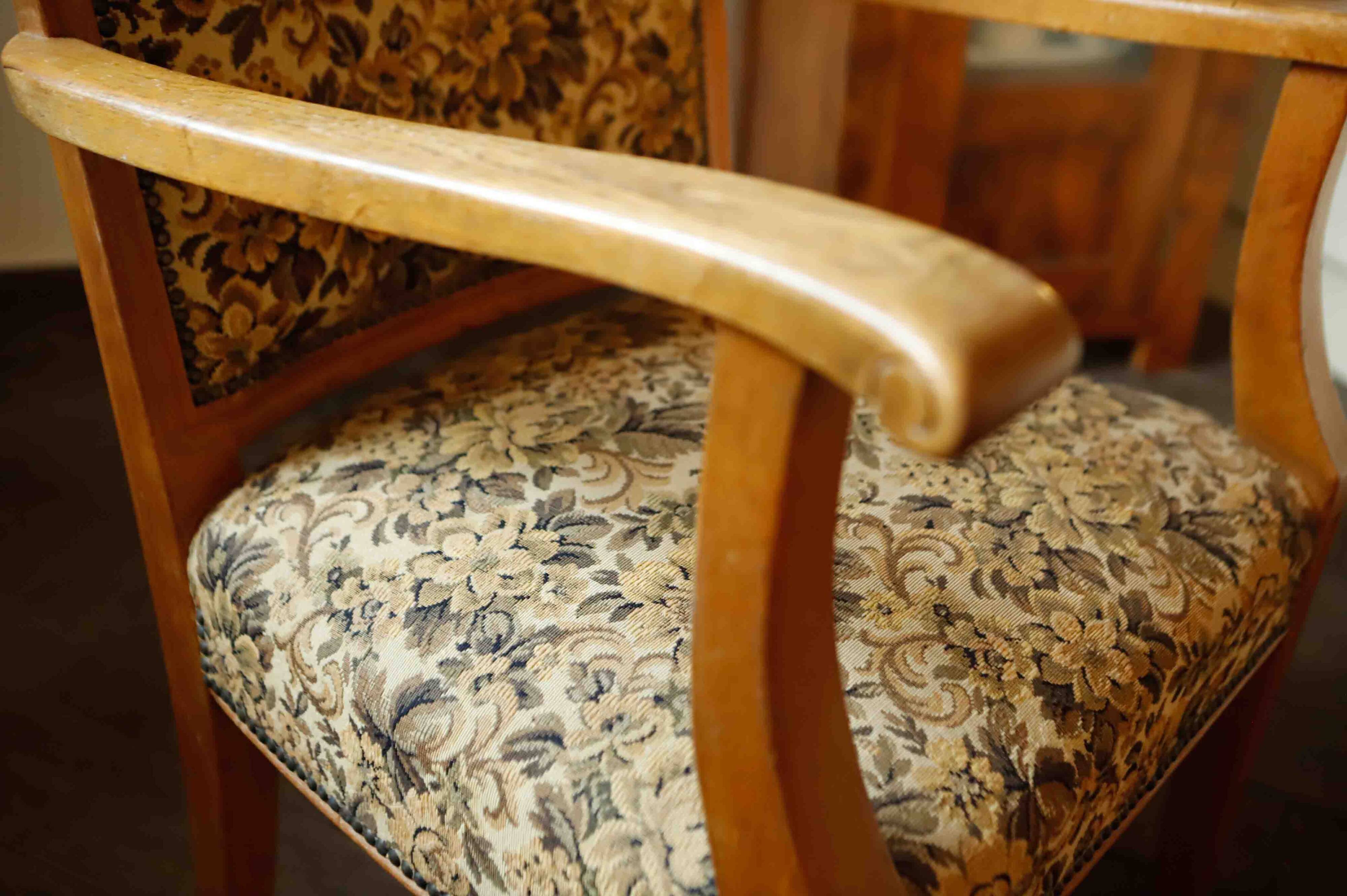 Vintage Salon Armchair with Floral Tapestry Upholstery and Scroll Armrests