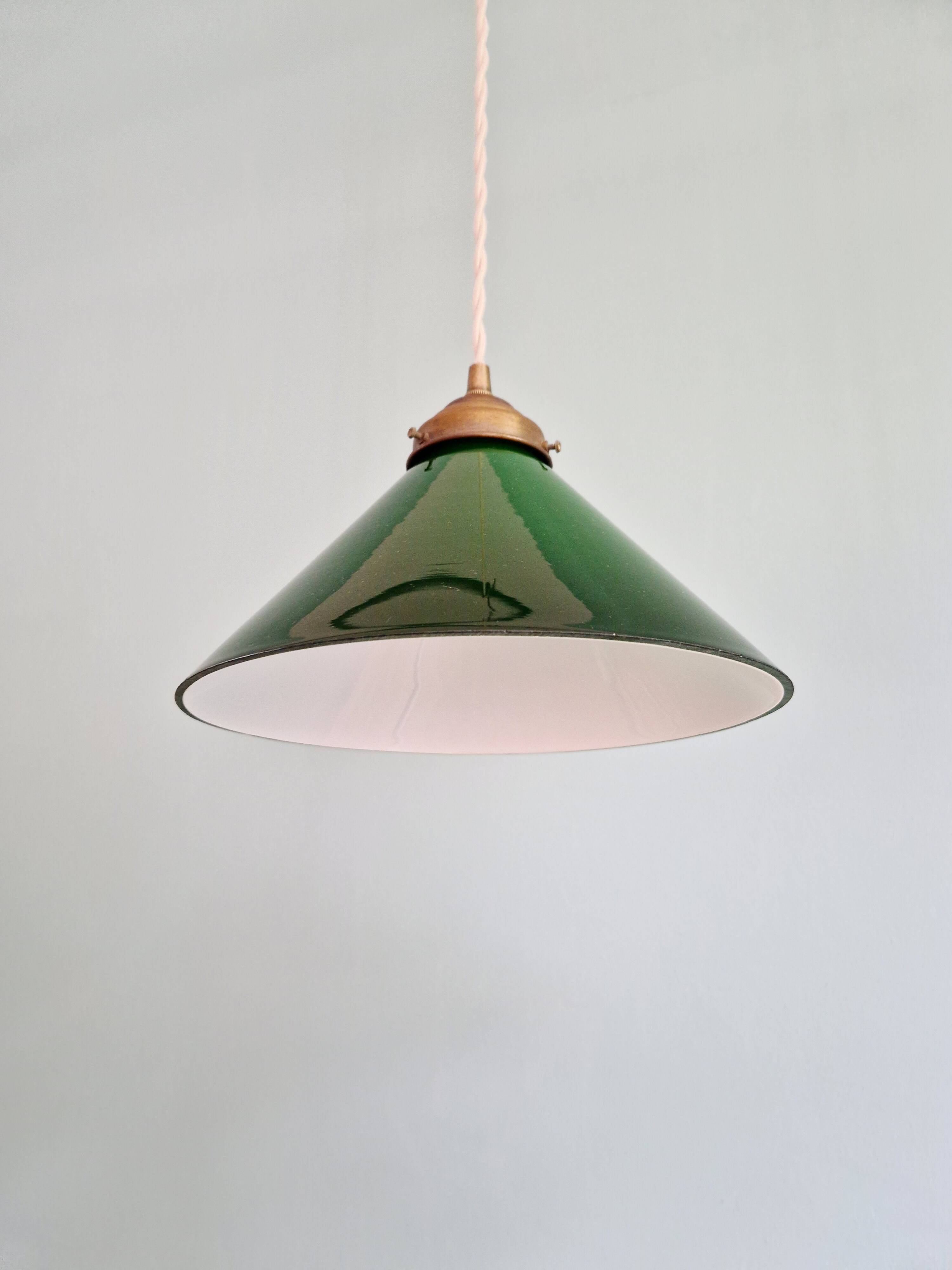 Pair of conical green opaline pendant lights, Art Deco style