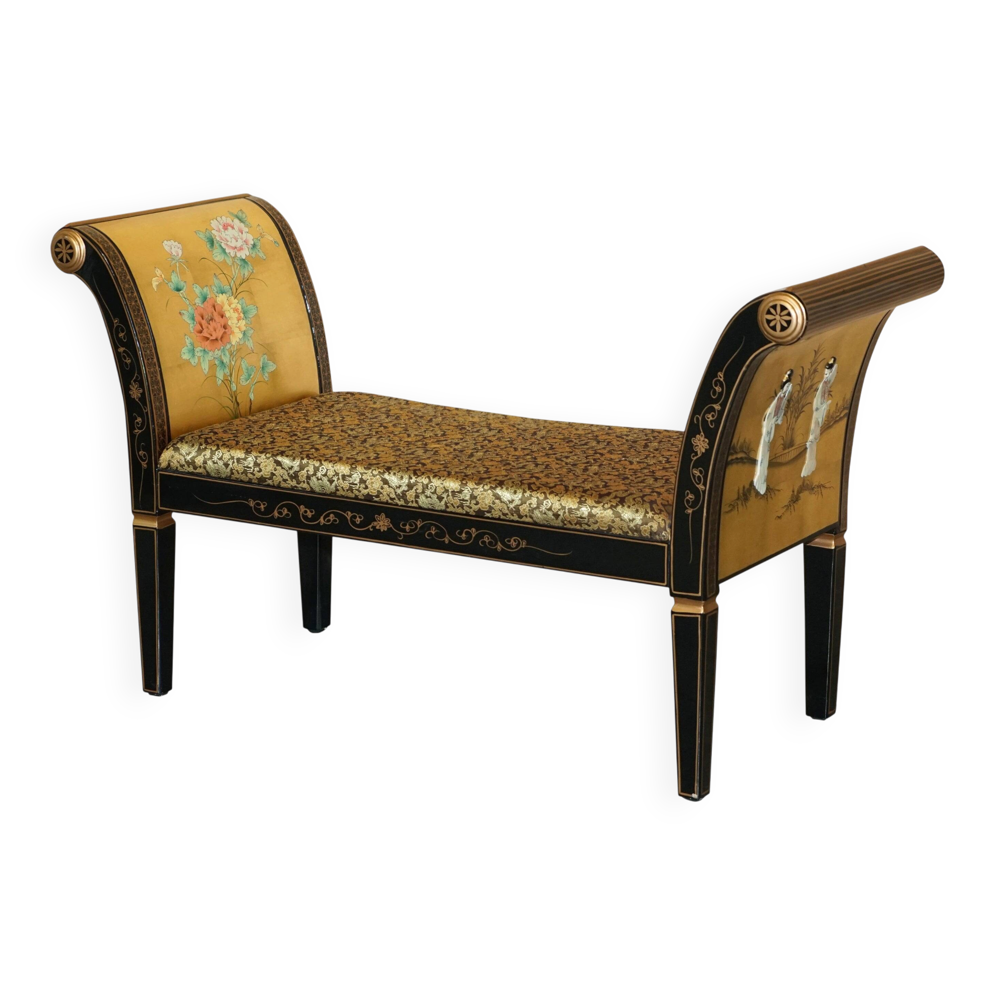 Ancient Chinese bench carved with Geisha in mother-of-pearl and steatite.