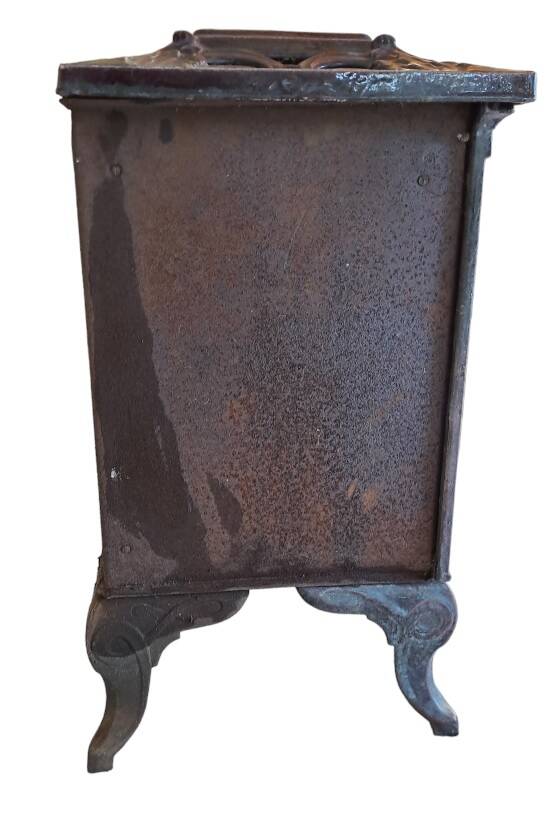 Antique enameled cast iron art deco wood stove, Phebus brand, aubergine color