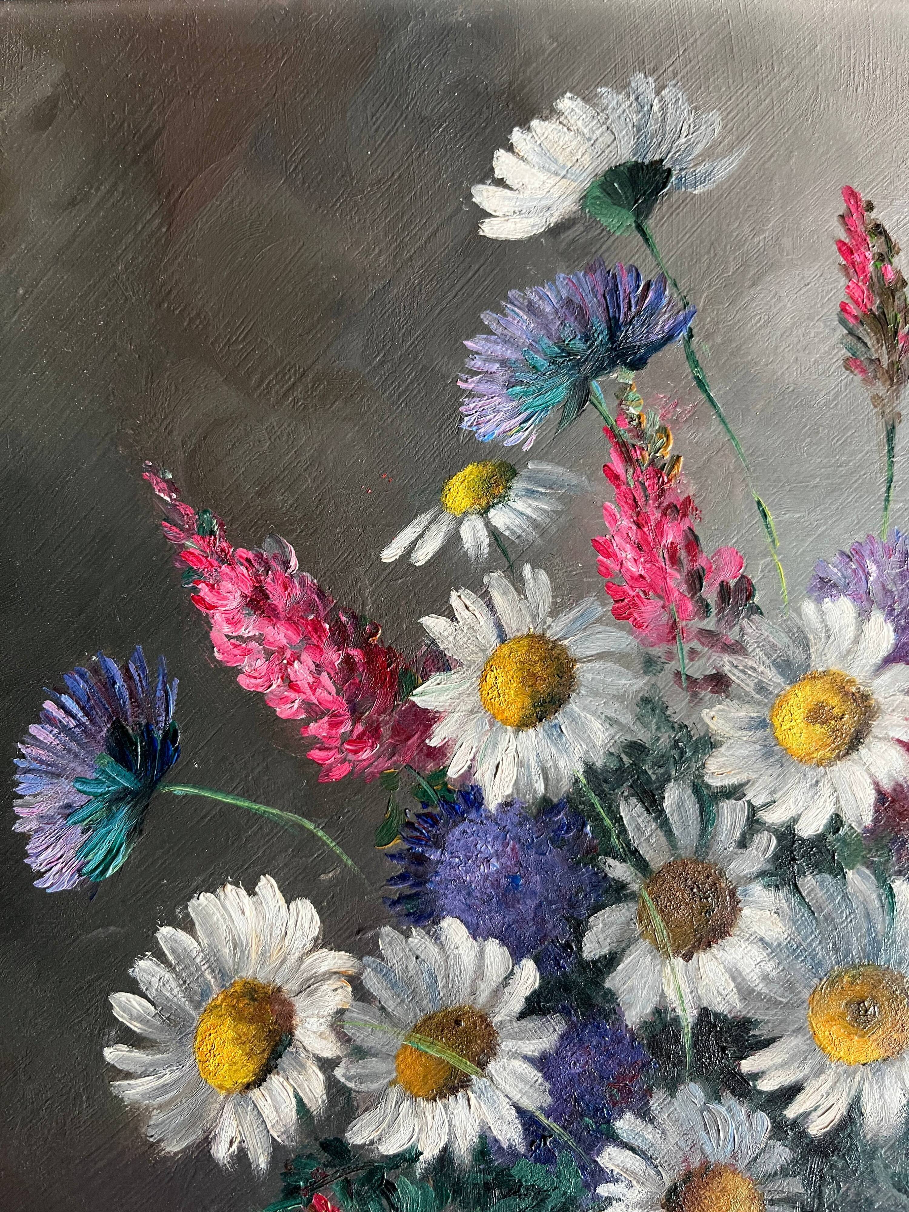 HST painting Bouquet of wild flowers signed Aug. Boiteux + frame