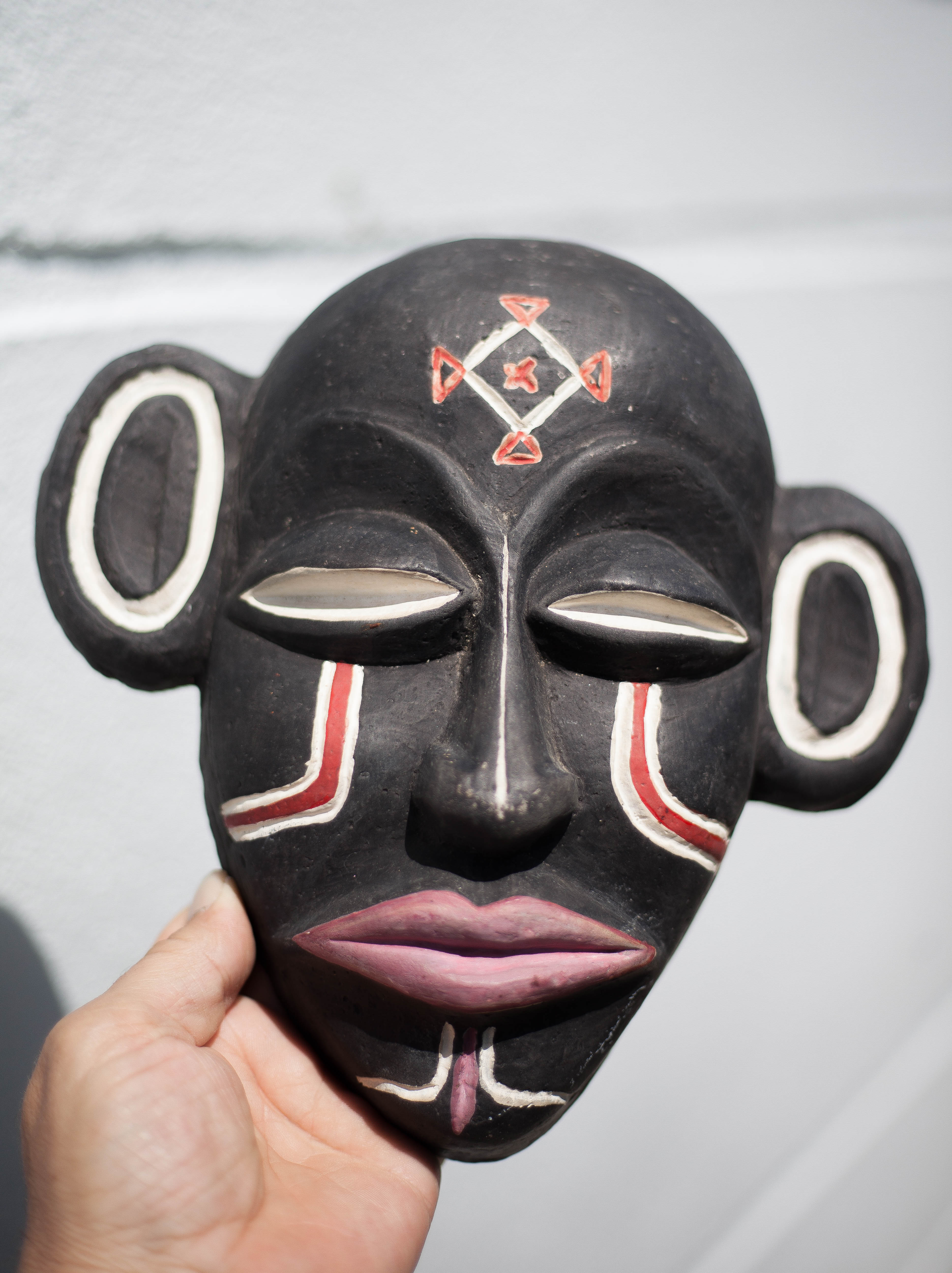 African ceramic mask Chokwe mwana pwo, pottery, wall decoration, signed mask, collection, 50's