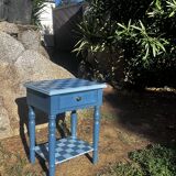 Blue checkered bedside table, neo-vintage style, turned legs.