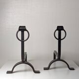 Pair of modernist wrought iron andirons - 1950s