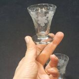 4 Old Small Liqueur Glasses in Engraved Vine Leaf and Grape Glass