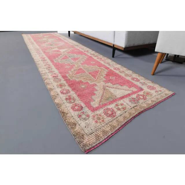 Vintage Turkish Hand-Knotted Wool Cotton Pink Runner Rug 92x364
