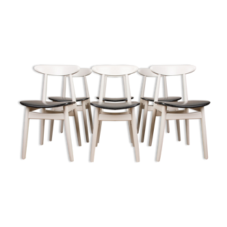 Série de 6 chaises de repas Thonet en bois thermoformé et skai noir 1960