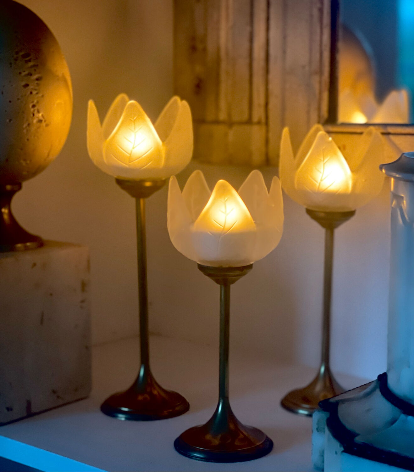 3 glass and brass candle holders