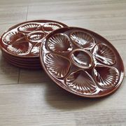 Set of 6 brown majolica oyster plates for 6 oysters and lemon 4951