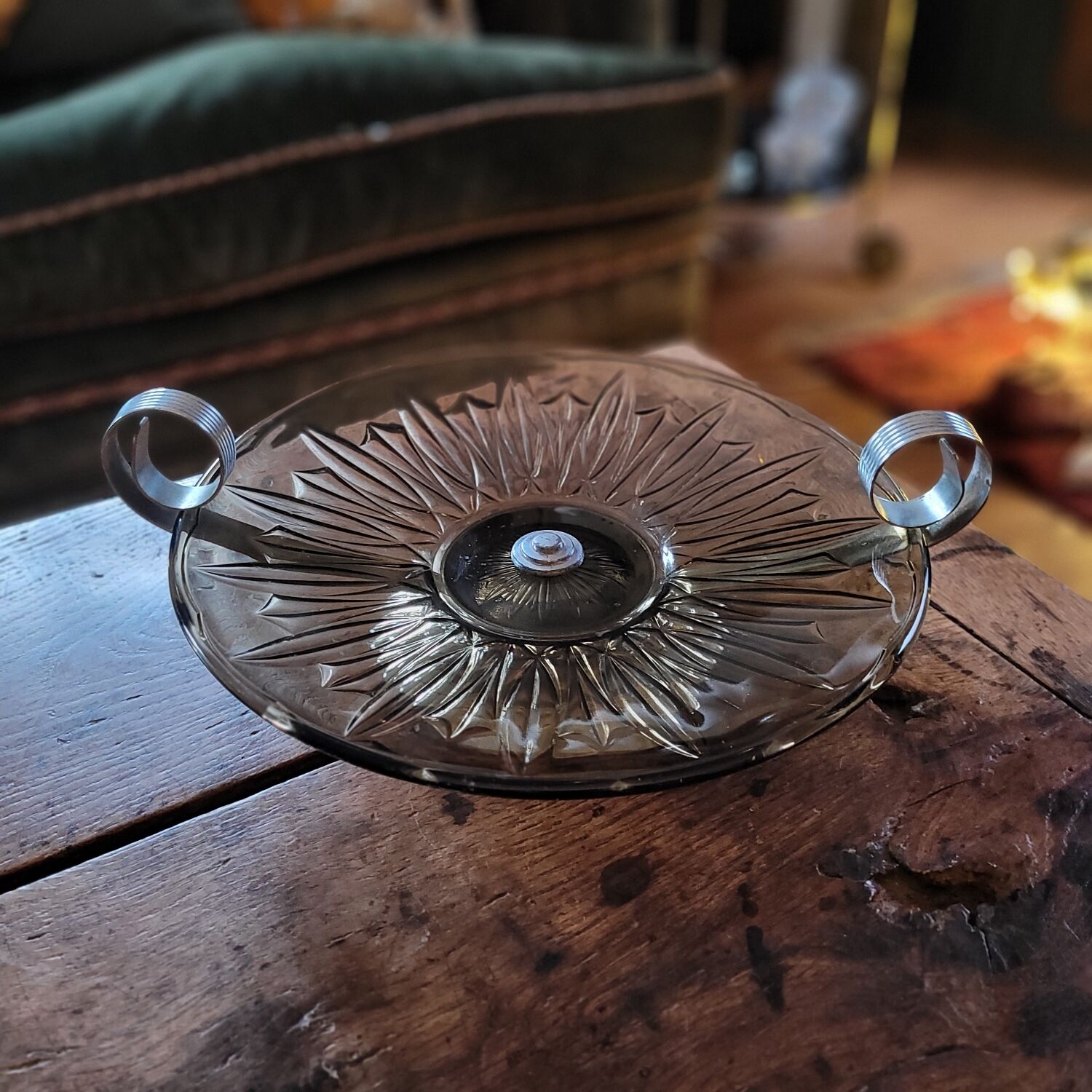 Art Deco stemmed bowl - Smoked glass and silver-plated metal - 1940s