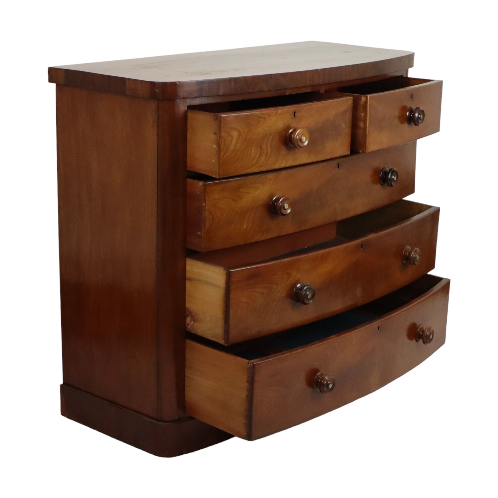 Antique english chest of drawers bow front mirrored mahogany veneer 120cm