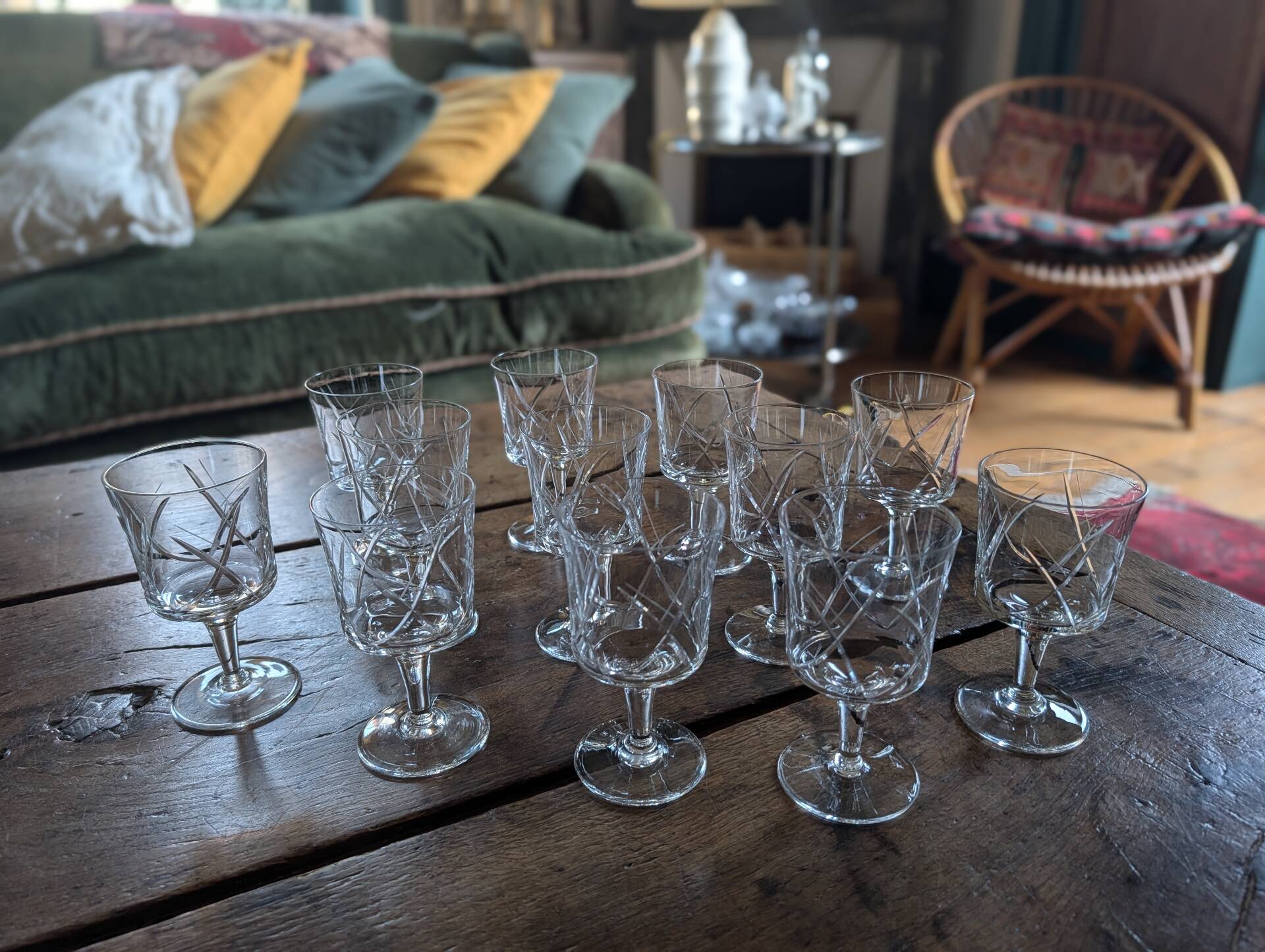 12 cut crystal glasses on stems – 1930s-1950s