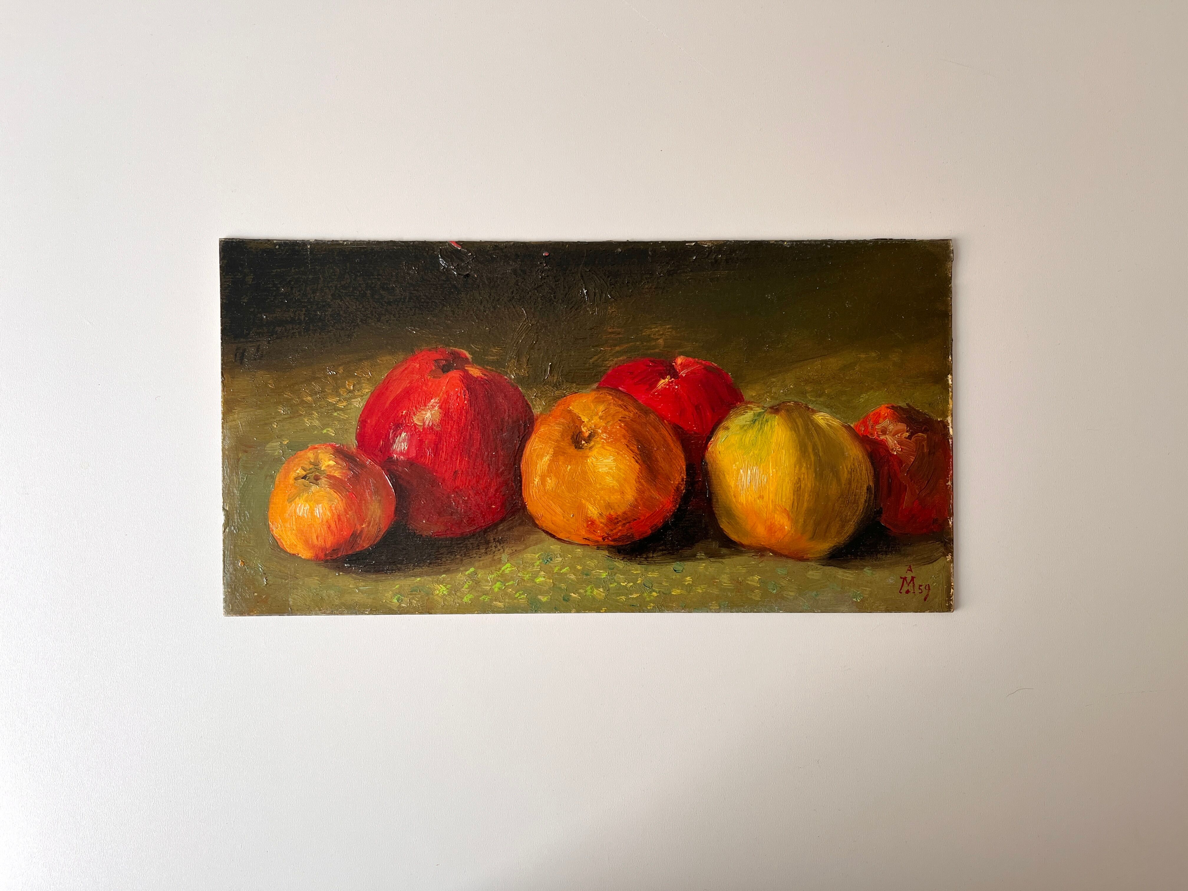 Authentic still life with apples circa 1959, oil painting