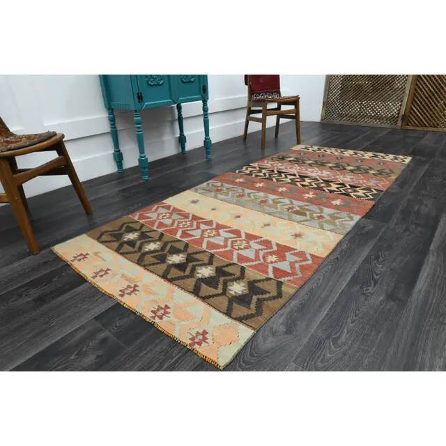1970s Vintage Turkish Oushak Handmade Wool Cotton Pink Runner Rug 107x255