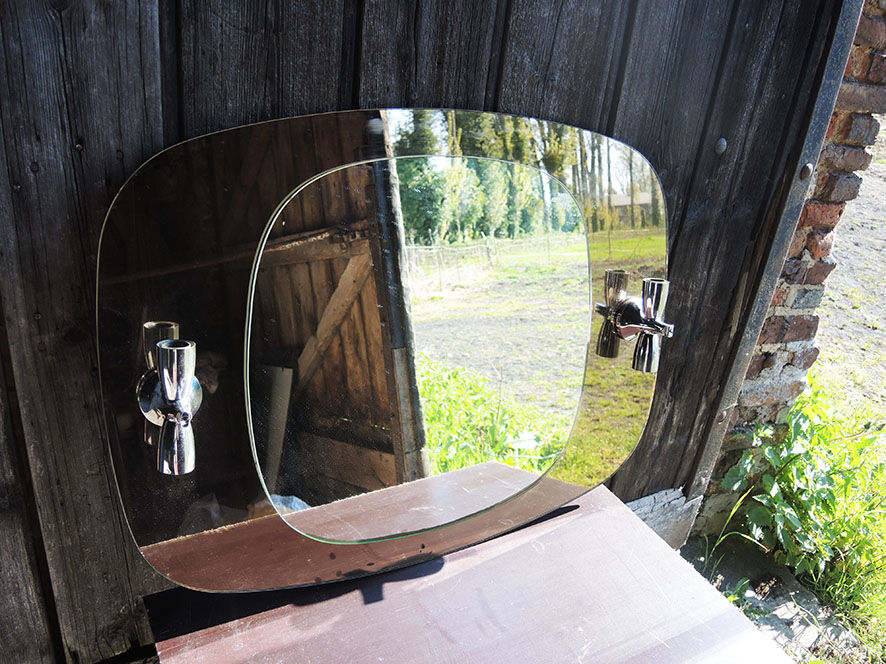 Mirror with glazed brown glass wall lights from the 70's - 79x59cm