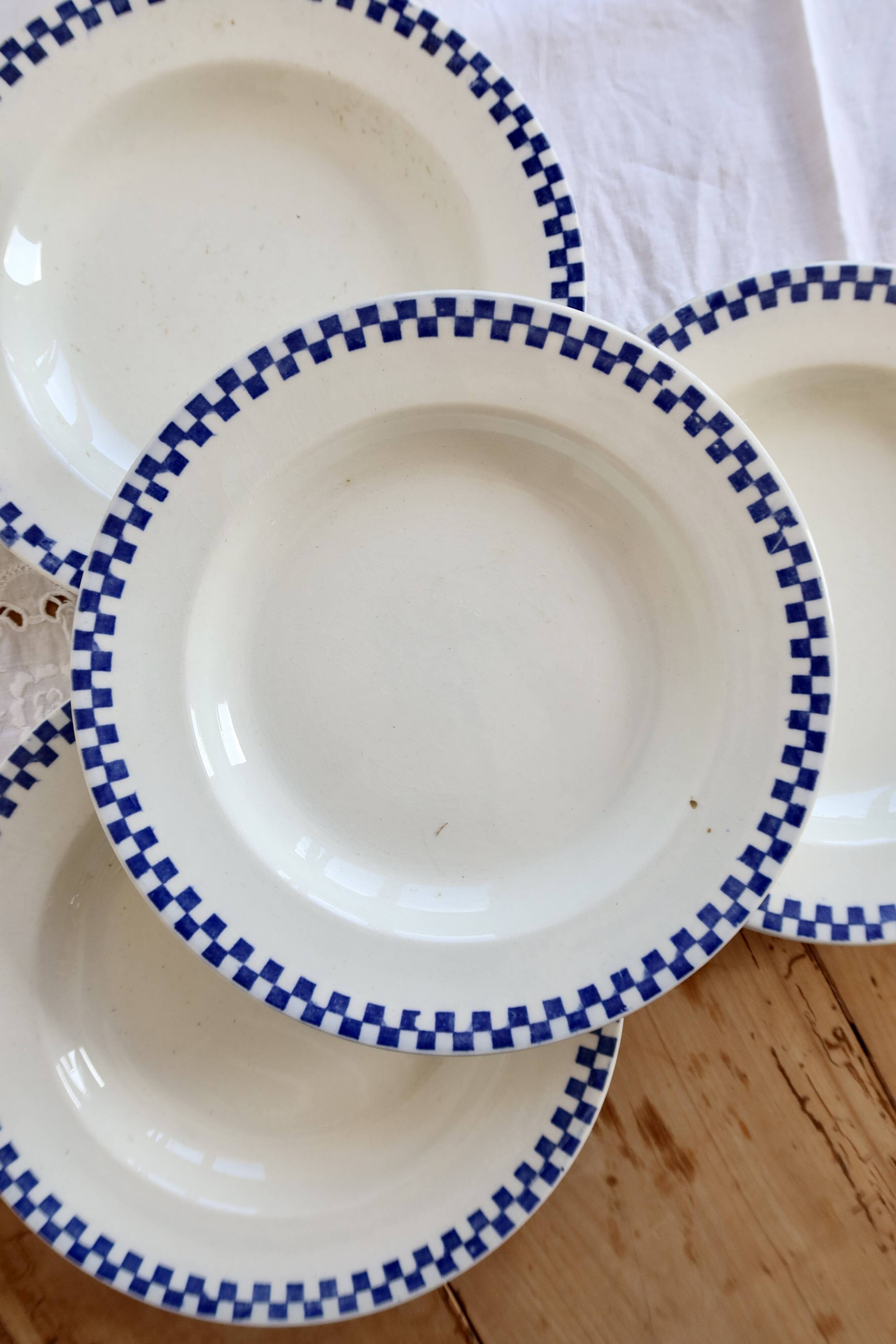 4 antique deep plates, ironstone Salins - Damier model