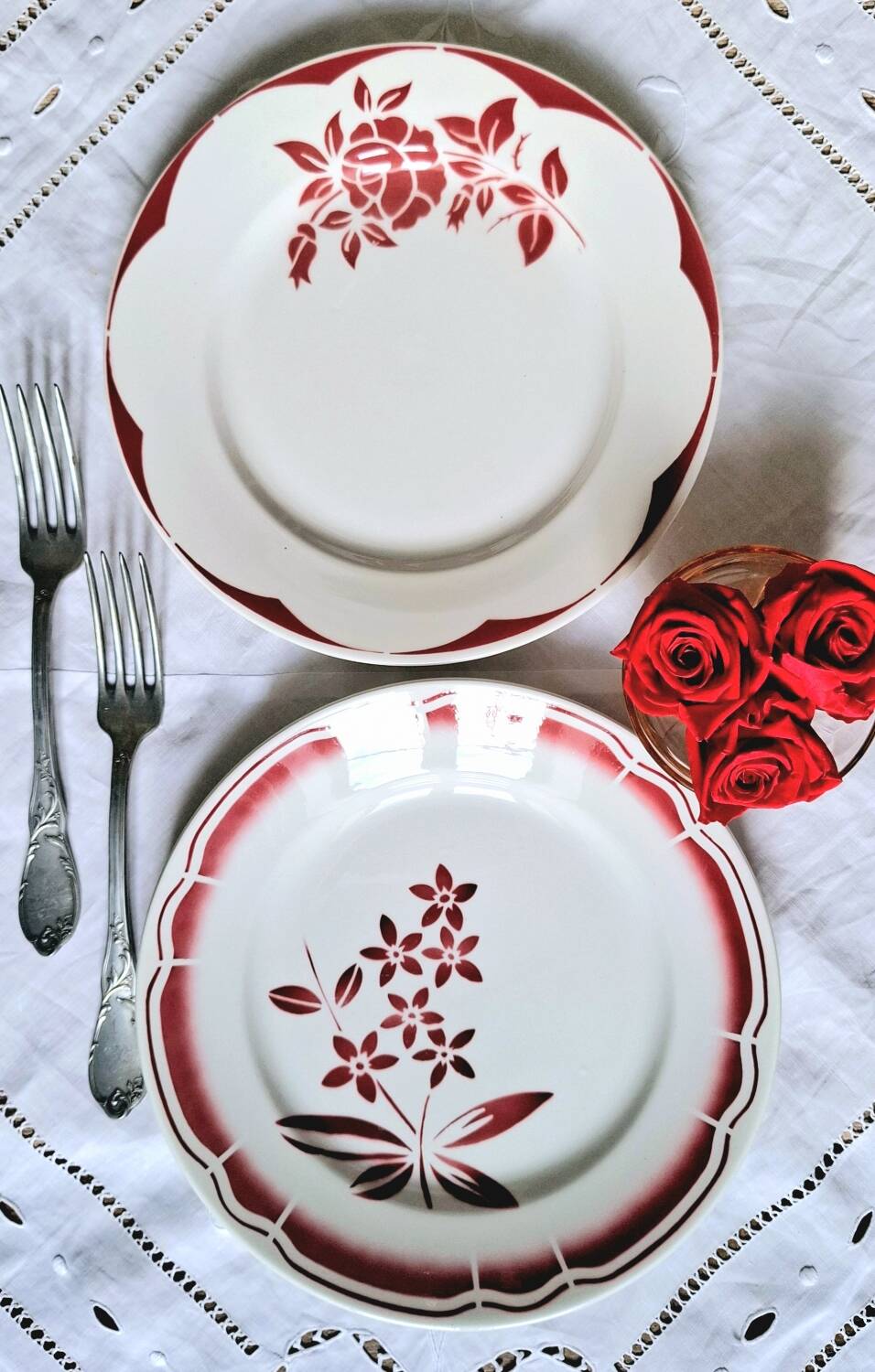 Old mismatched earthenware dinner plates