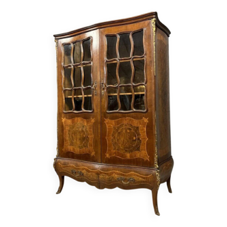 Louis XV style curved bookcase in precious wood marquetry