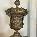 Pair of Louis XIV style andirons in bronze after a design by André-Charles Boulle.