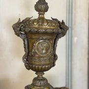 Pair of Louis XIV style andirons in bronze after a design by André-Charles Boulle.