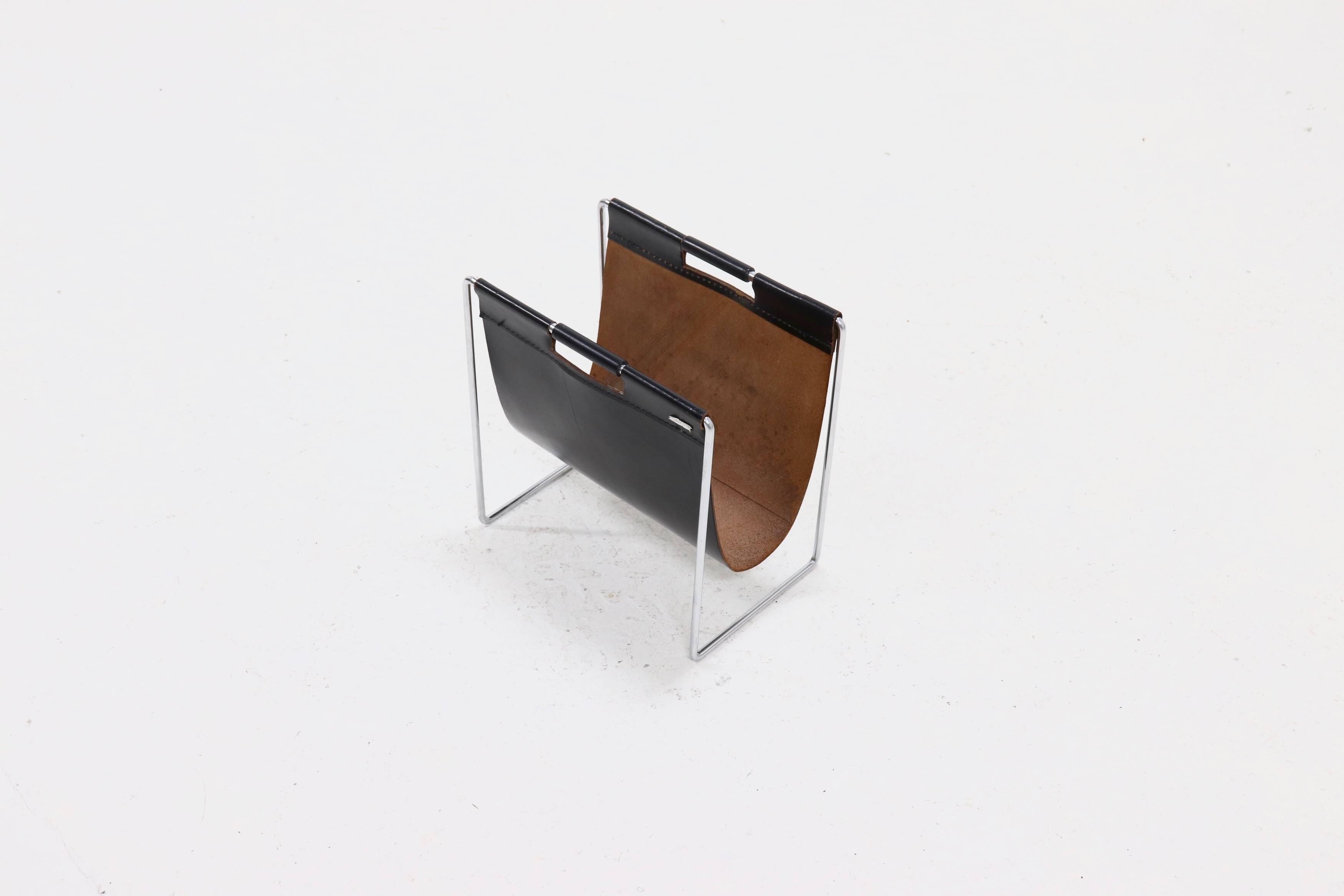 Vintage Brabantia Black Leather & Chrome Magazine Rack 1970s