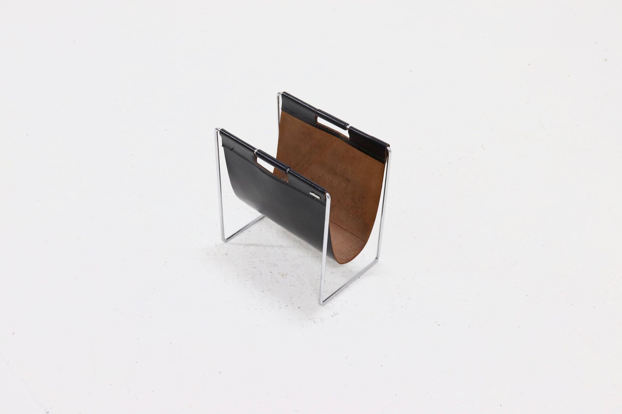 Vintage Brabantia Black Leather & Chrome Magazine Rack 1970s