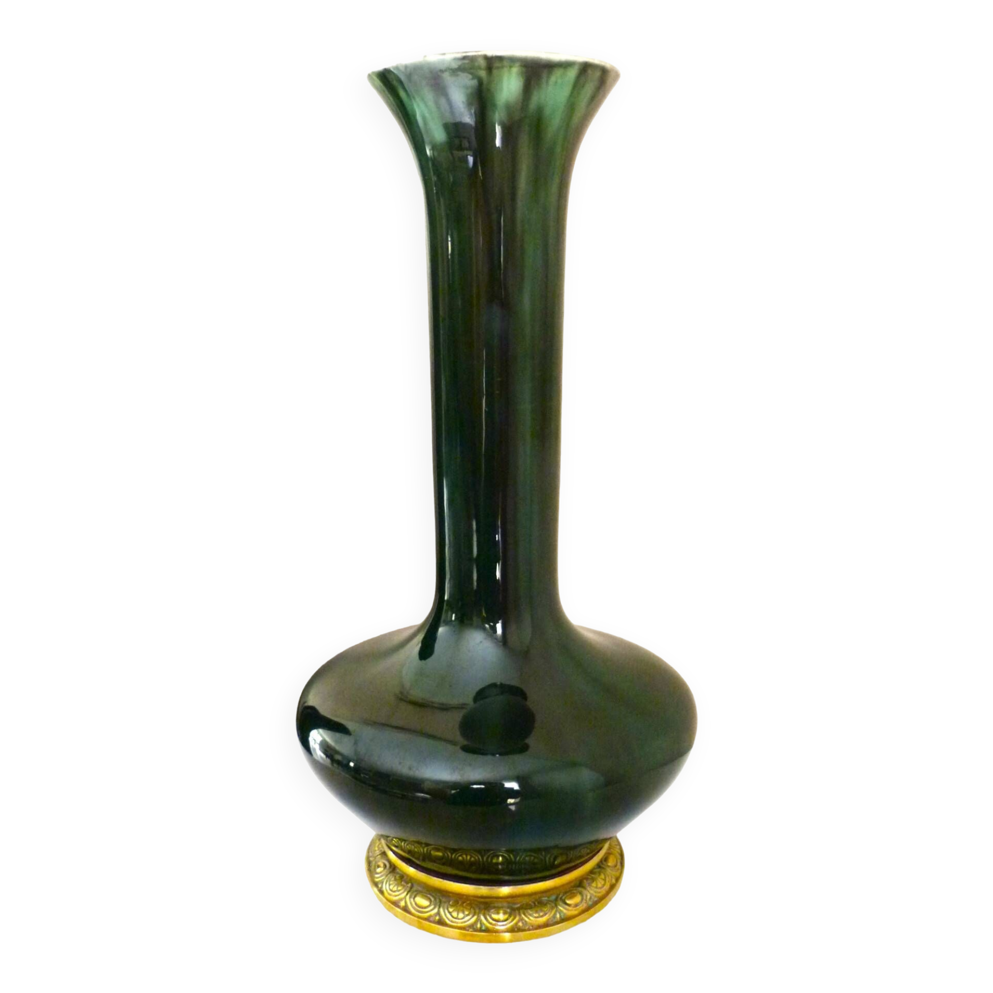 Large art deco vase in enameled ceramic and chiseled bronze foot