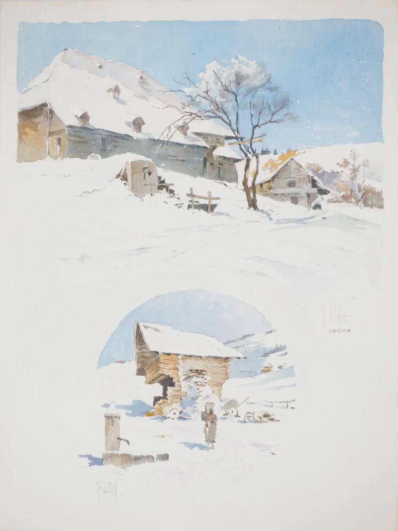 René leverd: switzerland, the sheepfold of lagnau, original signed watercolor