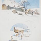 René leverd: switzerland, the sheepfold of lagnau, original signed watercolor