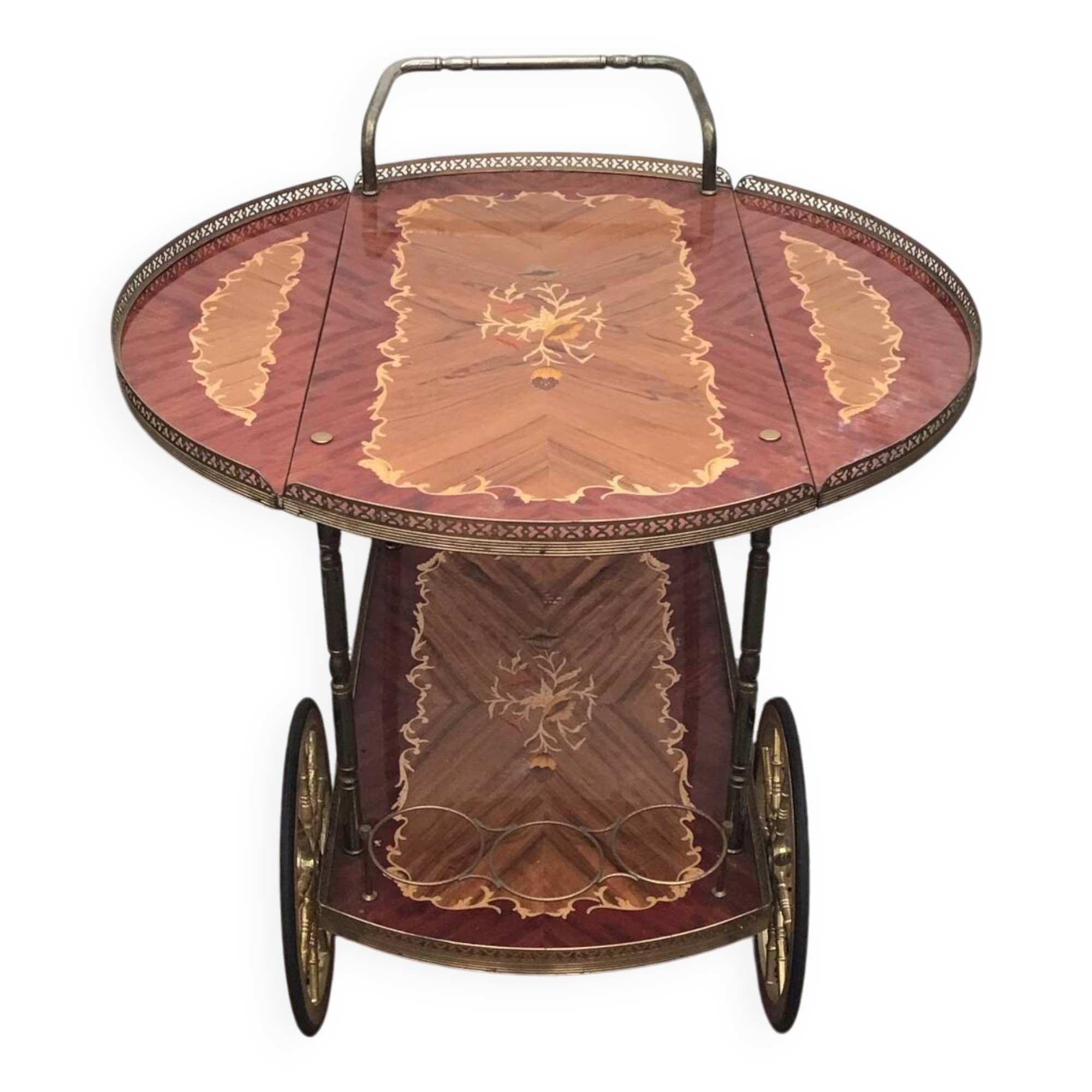 1960s marquetry bar cart on wheels