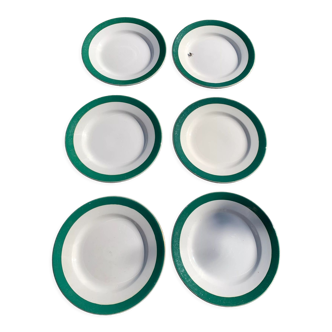 6 dessert plates in white earthenware and green edging Digoin Sarreguemines vintage