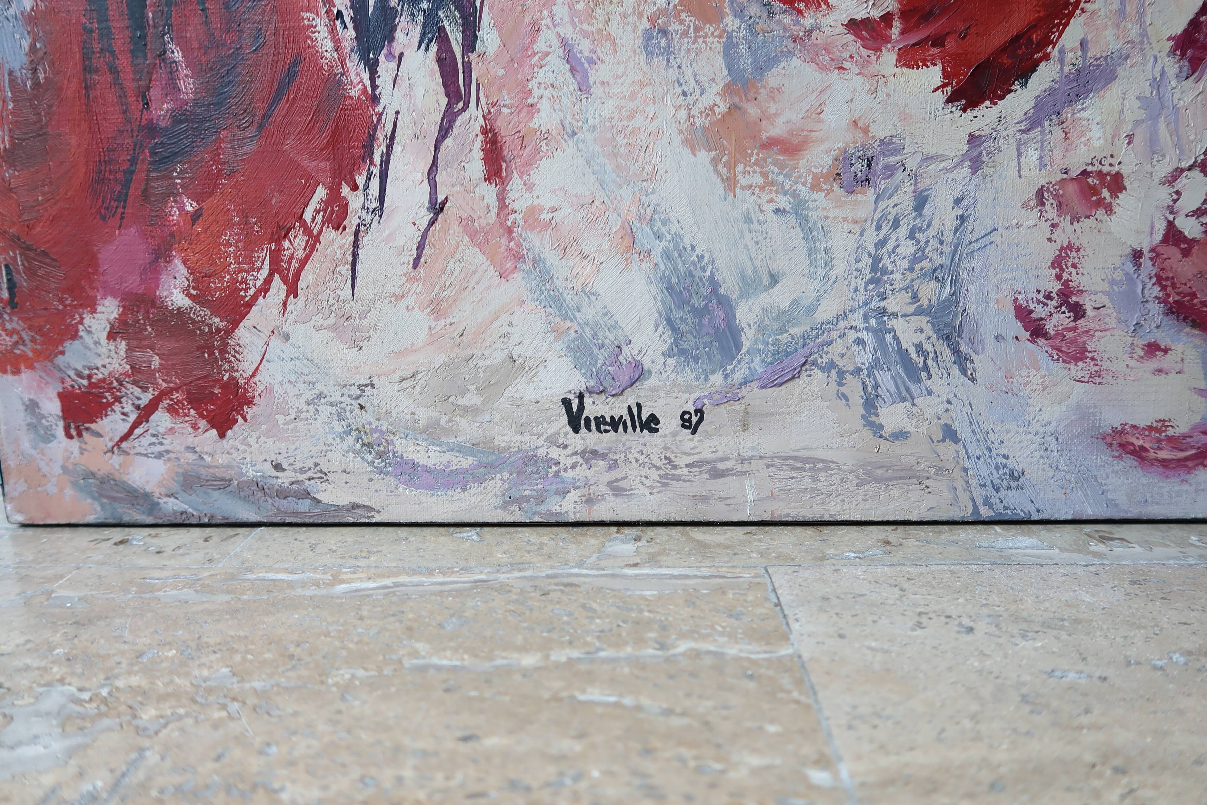 Painting, abstract painting signed Vieville, 1980s