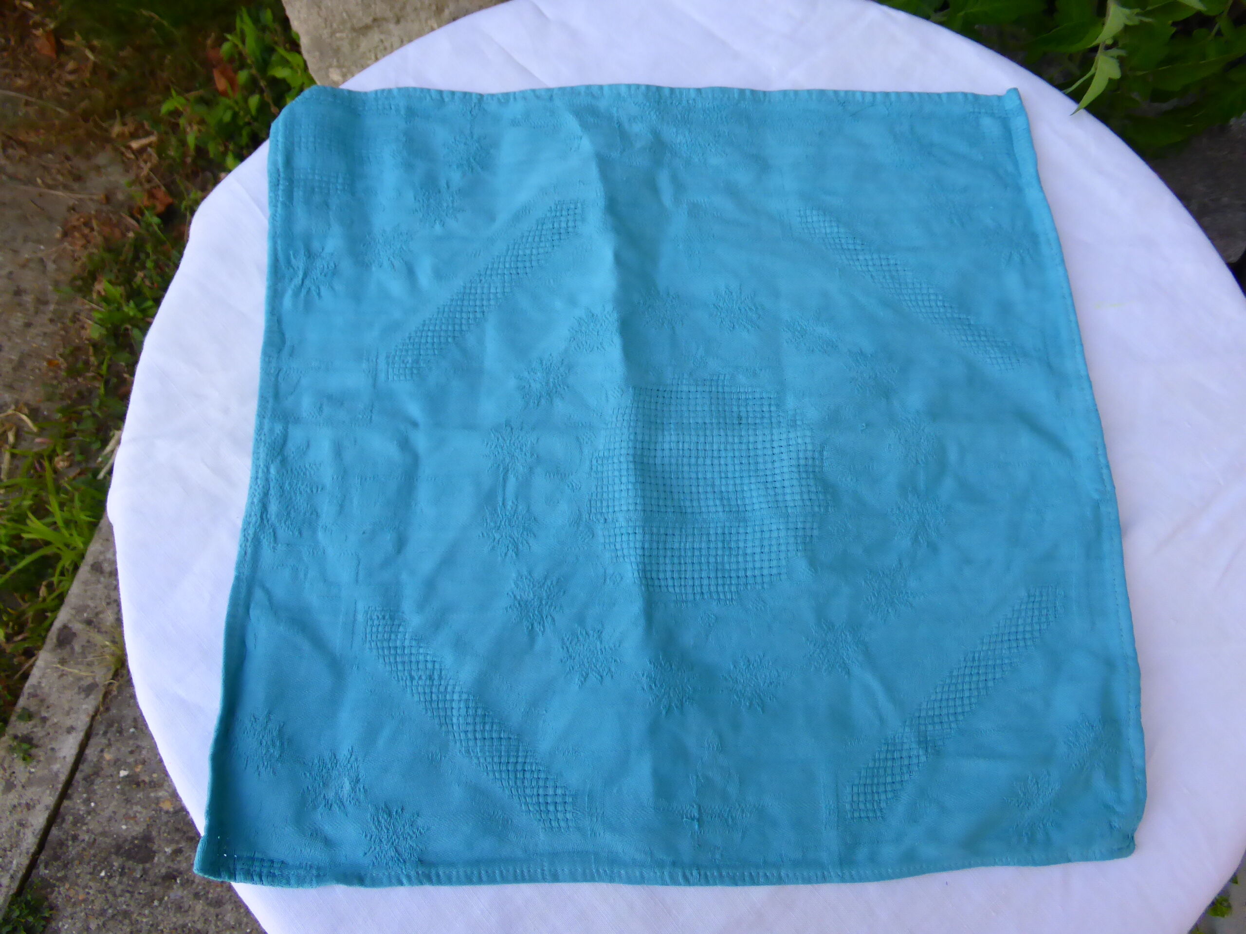 6 damask cotton towels, blue hue, woven, art deco