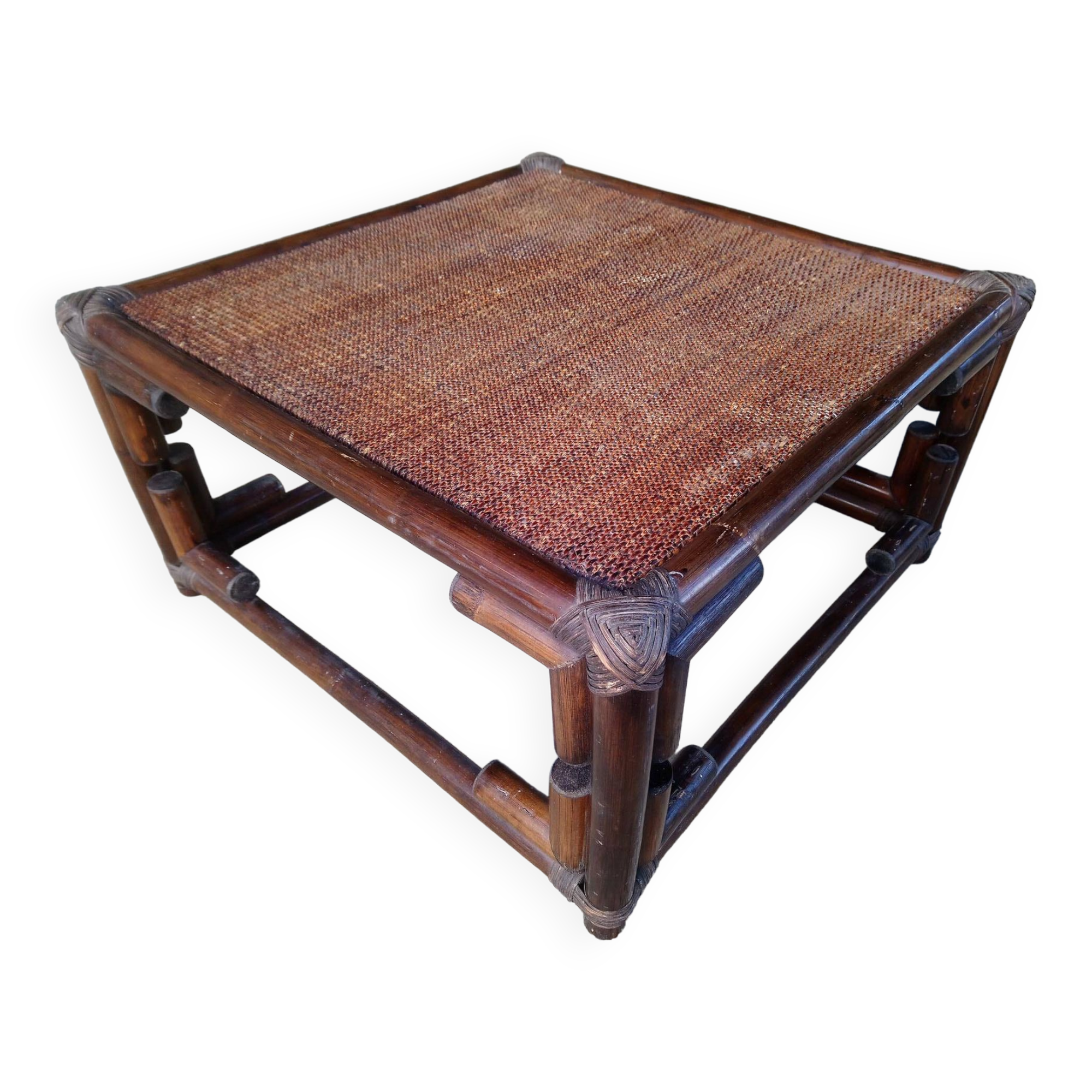 Table basse rotin carrée vintage 1970
