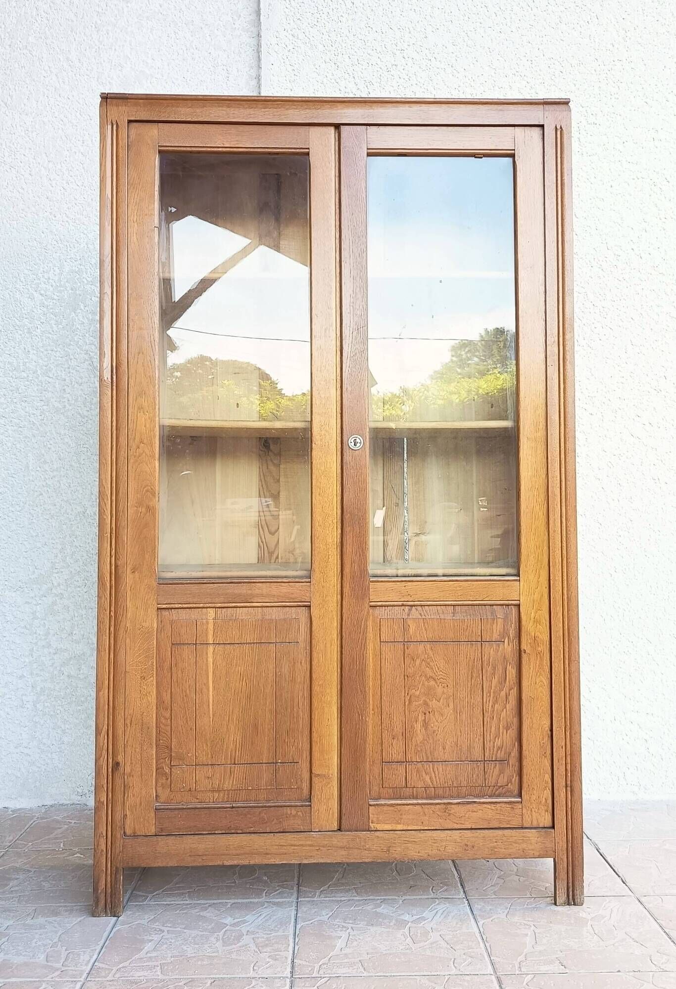 Vintage glass-fronted oak bookcase