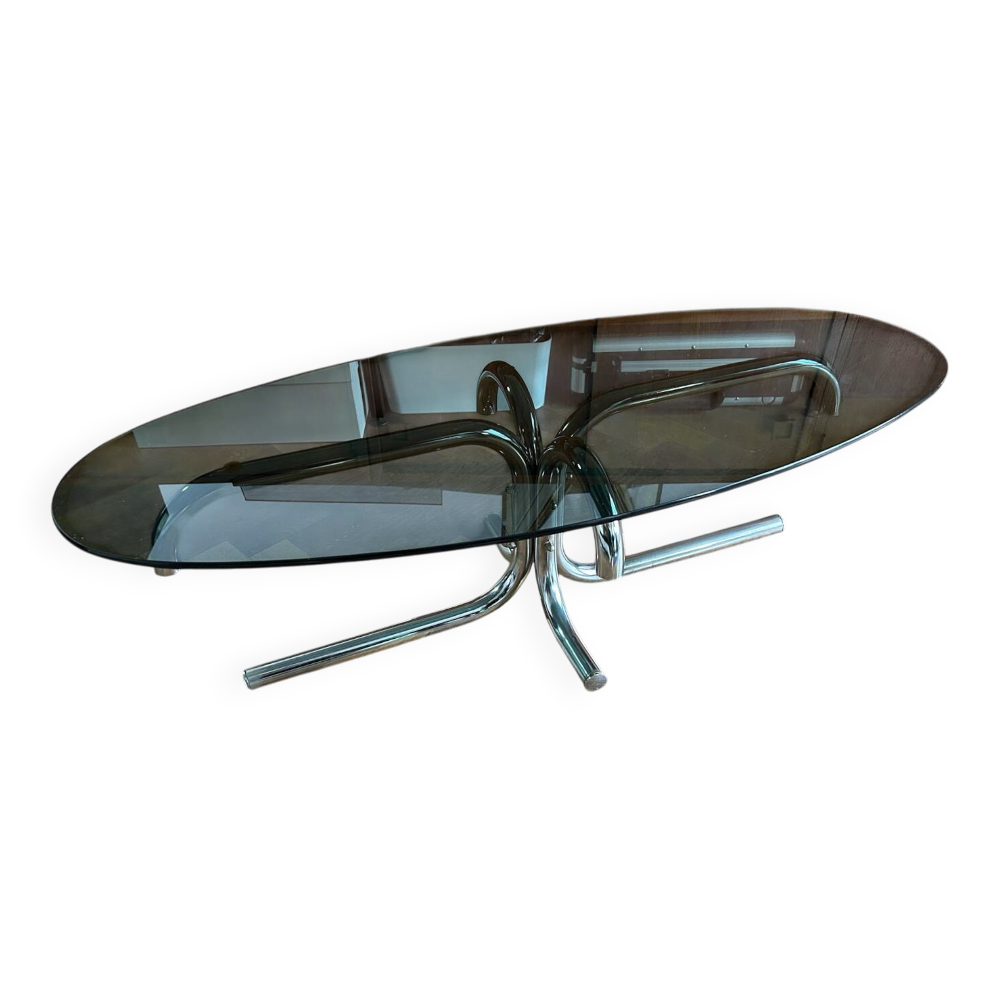 70s design oval coffee table in smoked black glass with chrome legs.