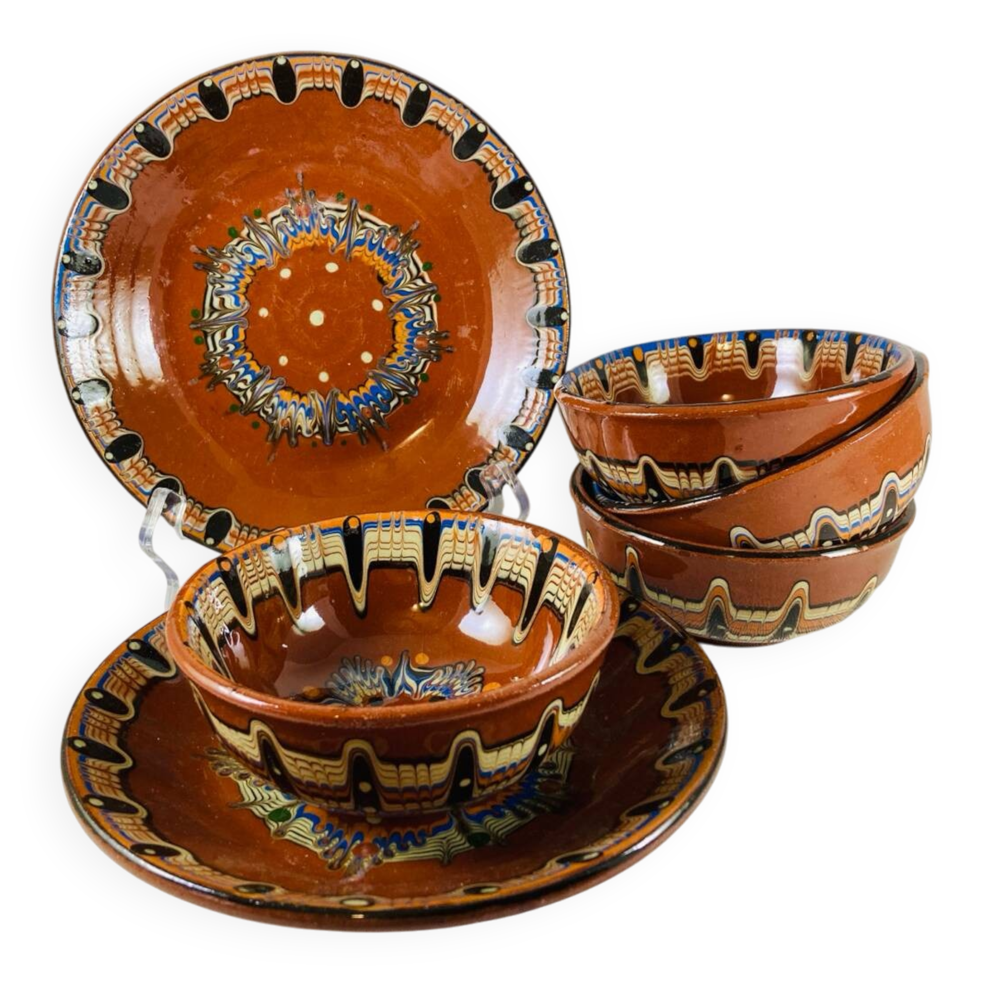 4 bowls + 2 saucers glazed terracotta Bulgarian Monastery of Troyan