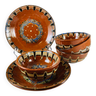4 bowls + 2 saucers glazed terracotta Bulgarian Monastery of Troyan