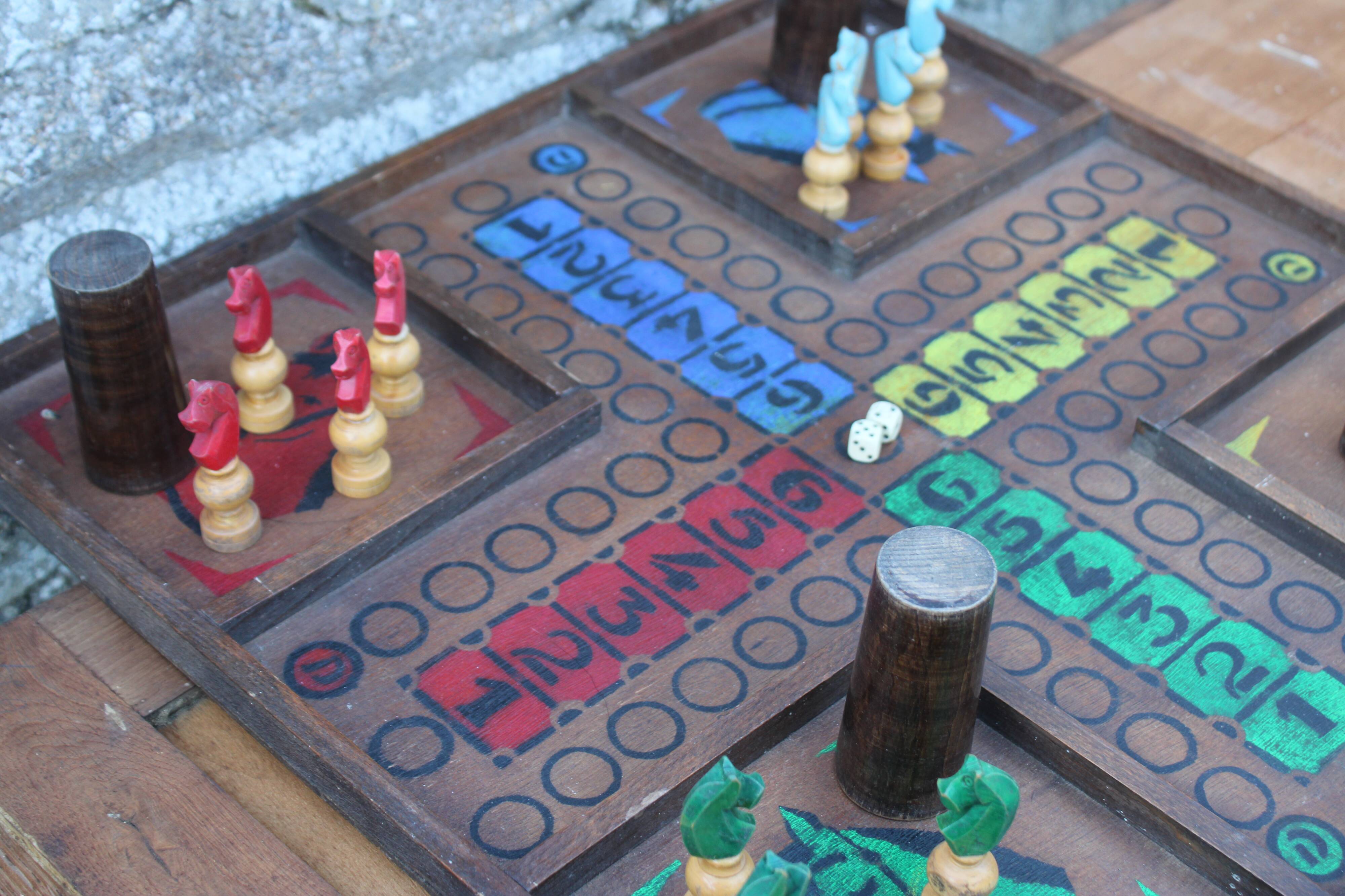 Antique wooden game “Little Horses” – complete with carved horses, goblet