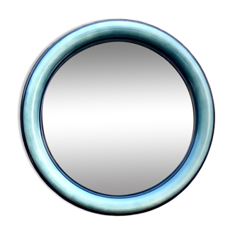 Vintage round wall mirror in blue painted plastic - diameter: 52 cm