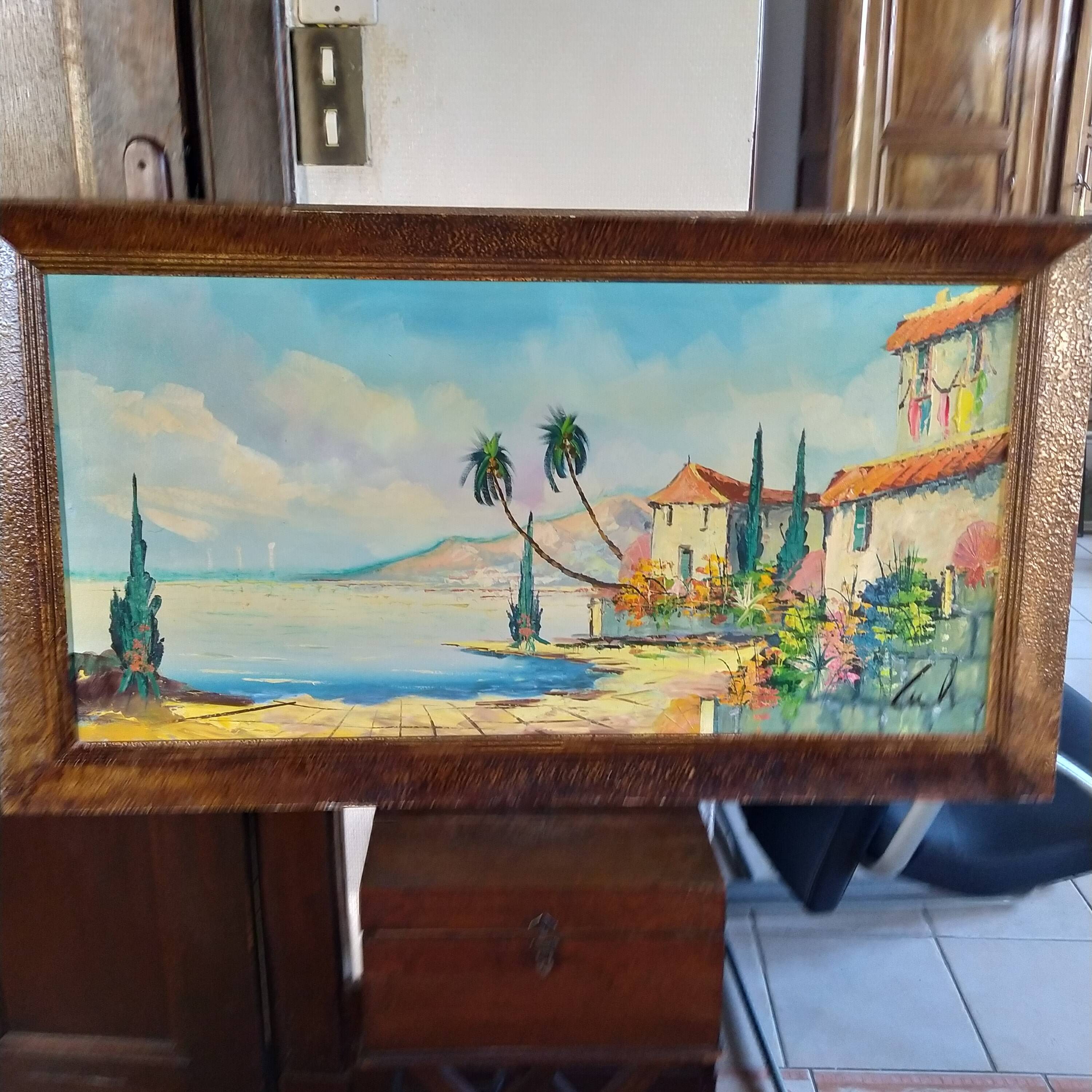 huile sur toile 1950 signée Lutz paysage côtier