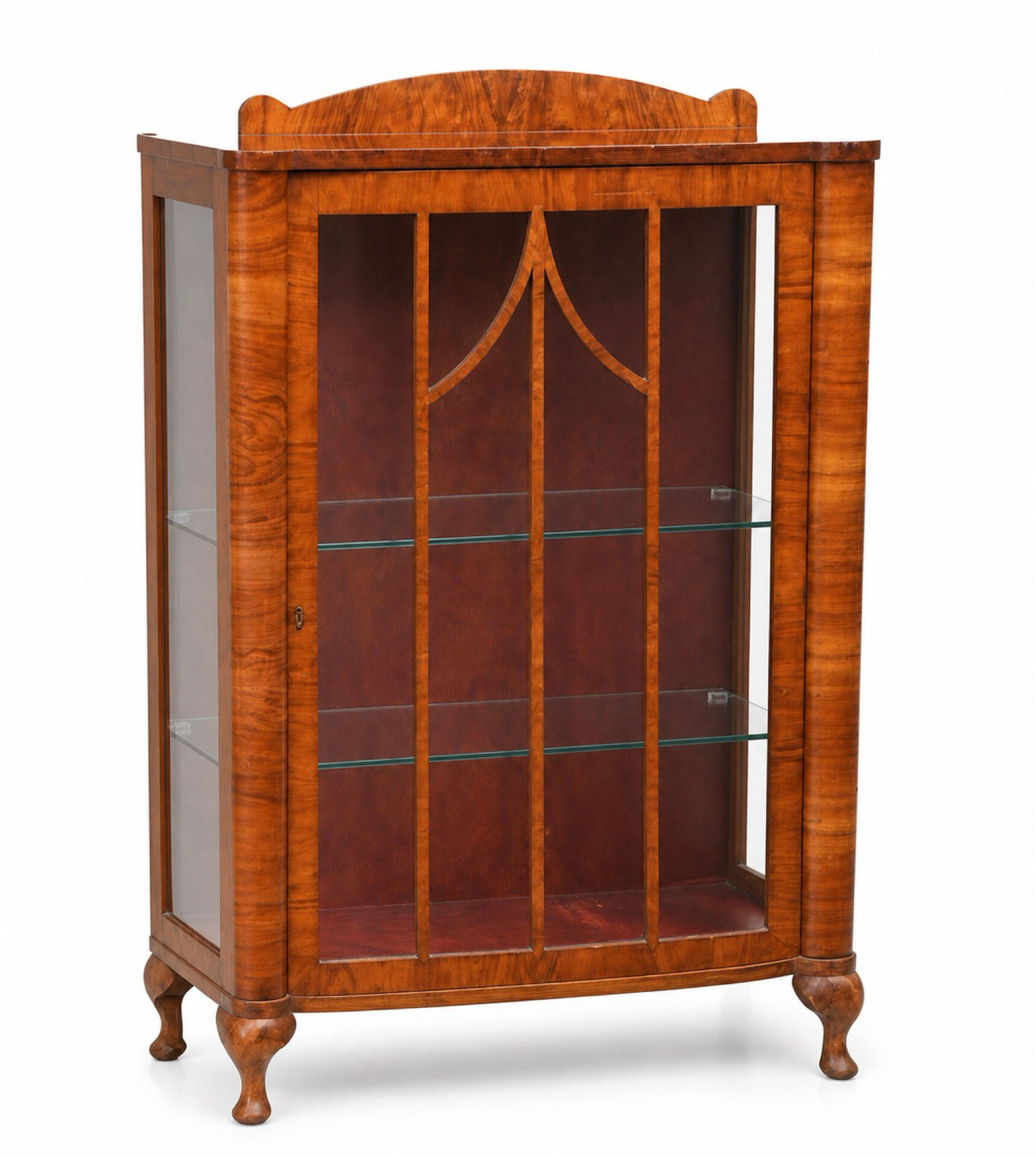 Antique English walnut display cabinet with glass sides in Art Deco style, 30s-40s.