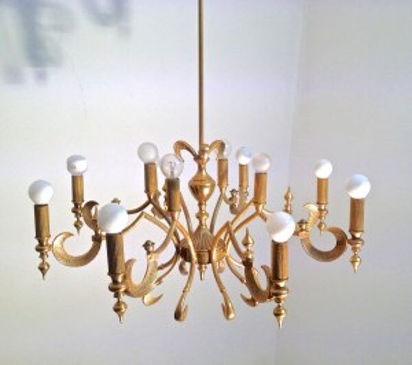 Extraordinary Mid Century Regency Style Brass Chandelier, Italian Manufacture   chandelier