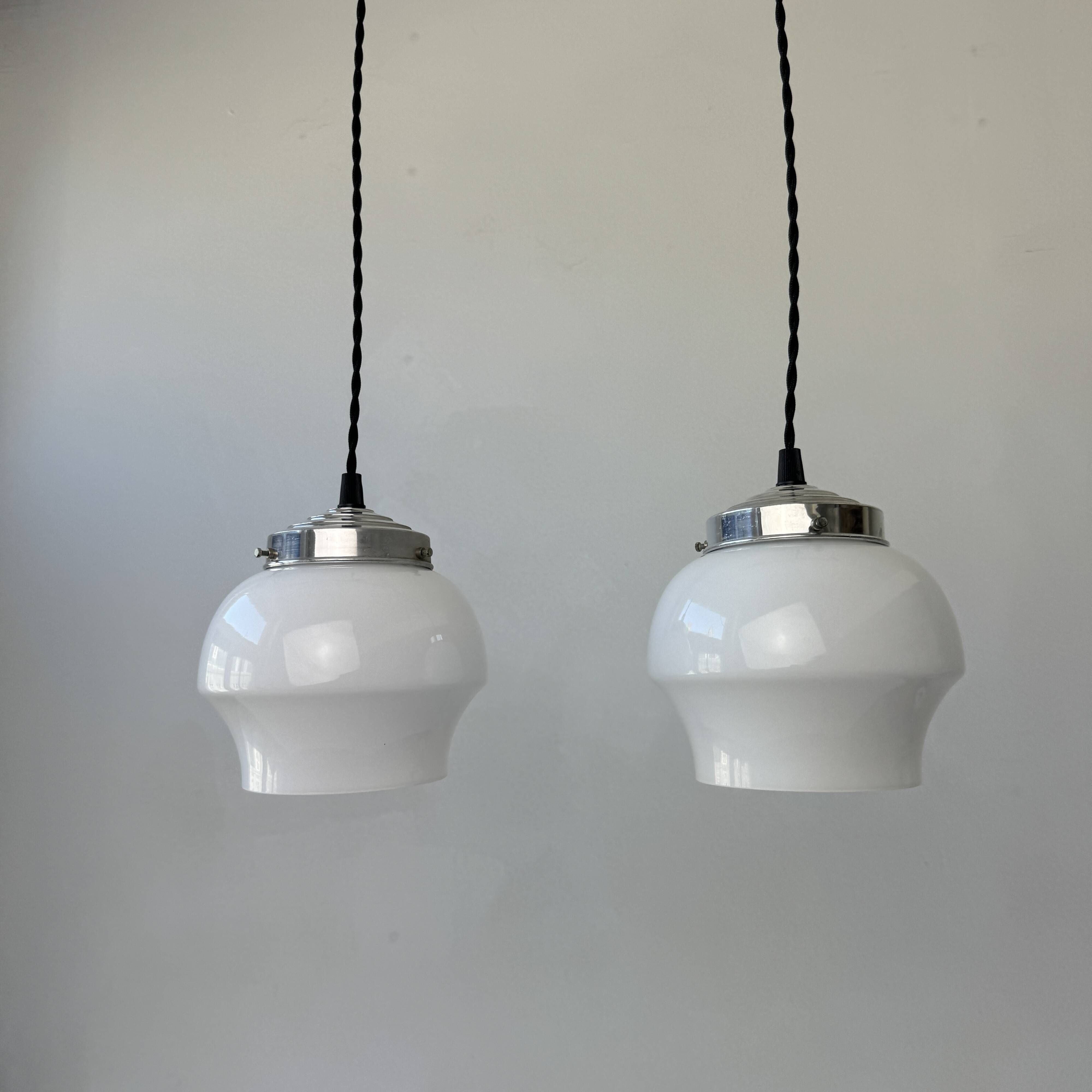 Pair of small vintage opaline pendant lights, 15 cm