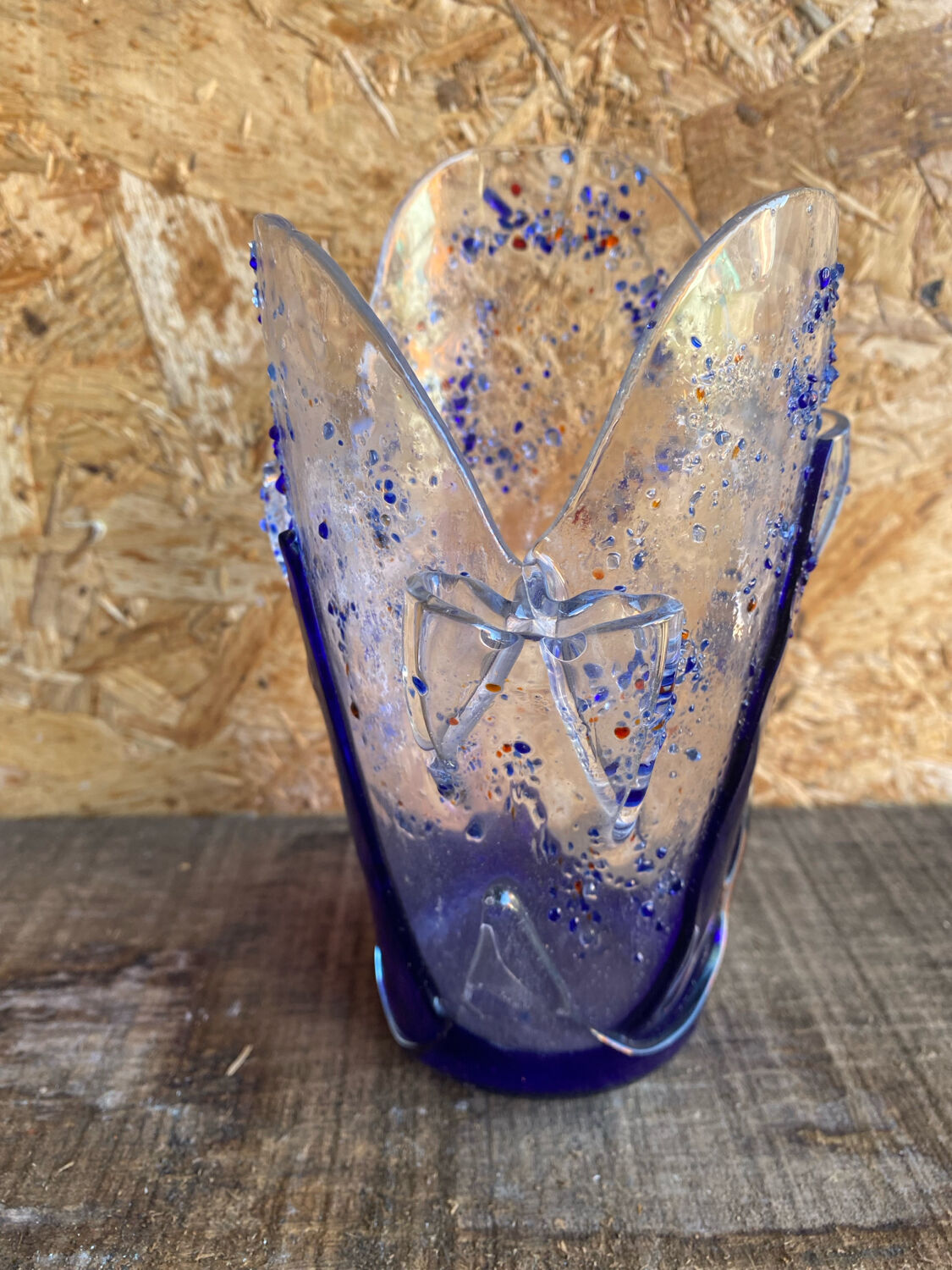 Vintage Blue & Transparent Layered Glass Inlaid Design Vase