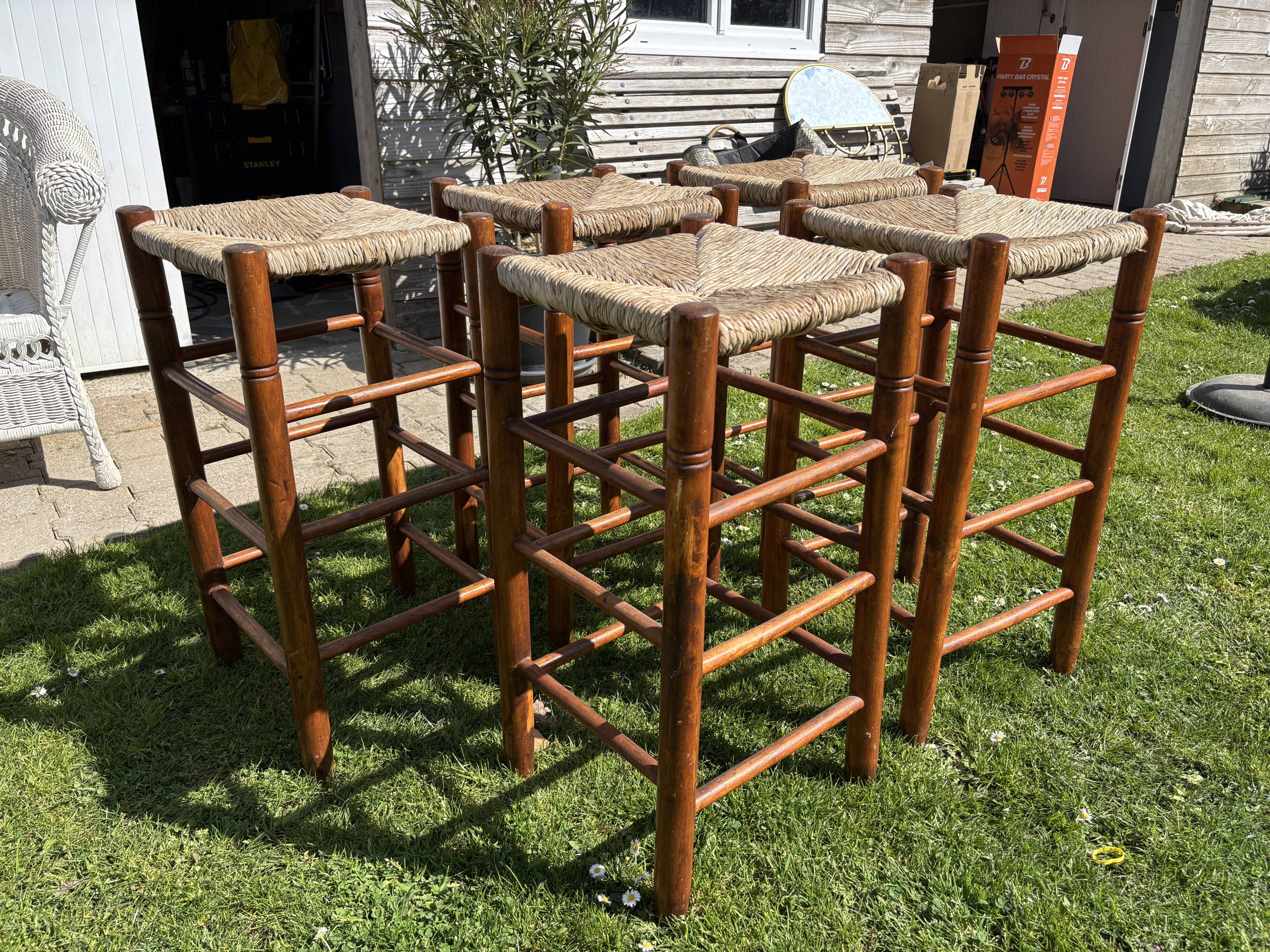 5 Charlotte Perriand-style wooden and straw bar stools